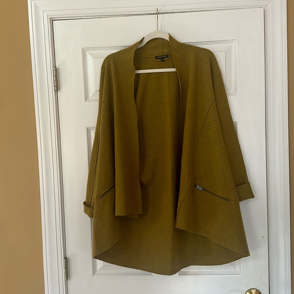 Eileen Fisher Olive Green Merino Wool Swing Cardigan